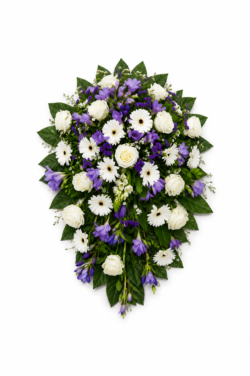Blomsteropsats i hvide og lilla nuancer med roser og germini