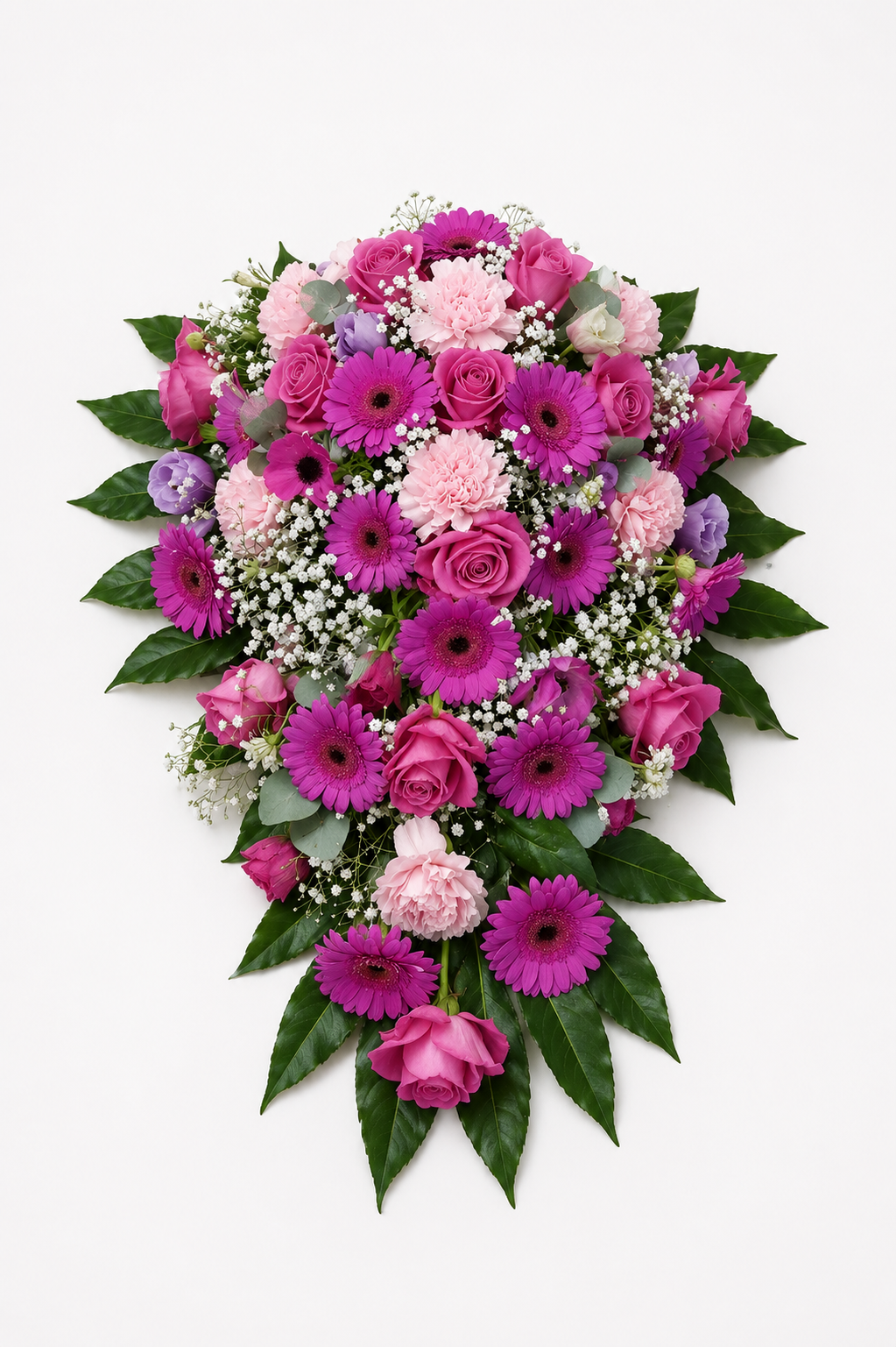 Blomsteropsats i rosa og lilla nuancer med roser og gerbera