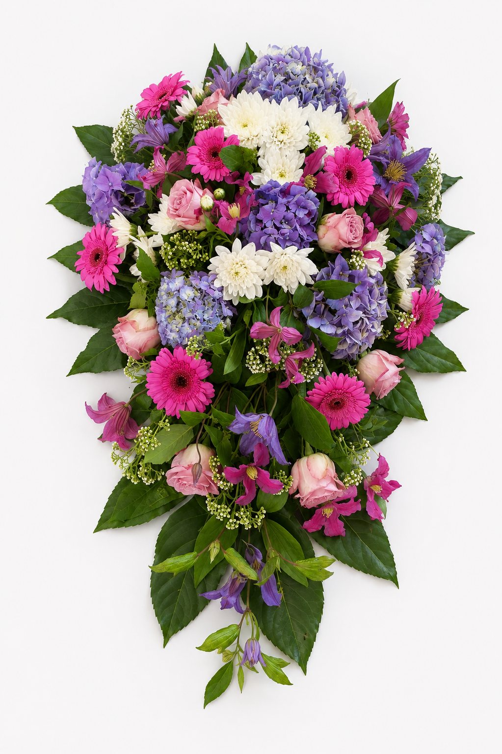 Bårebuket i rosa, lilla og hvide nuancer med hortensia og germini