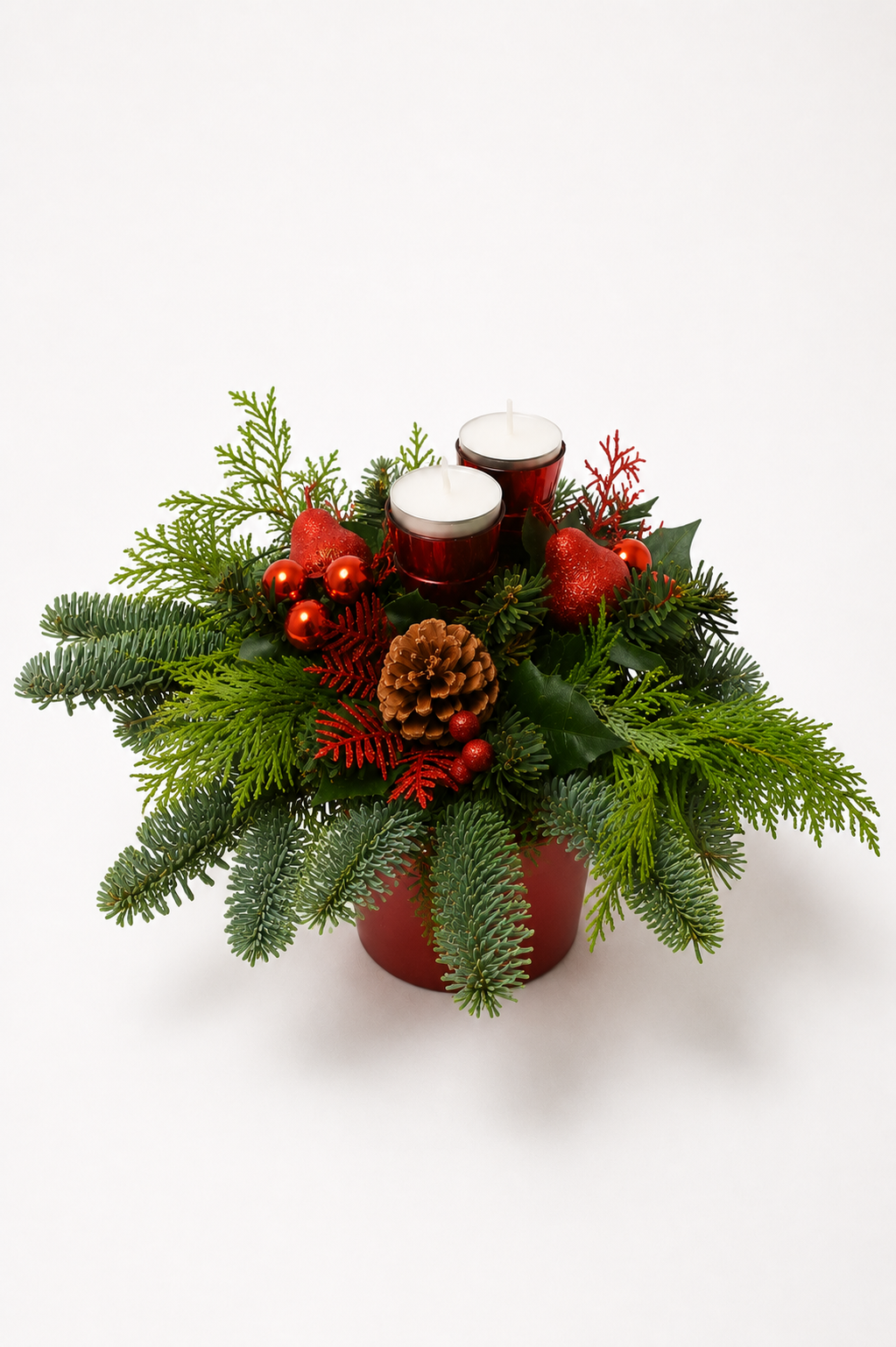 Juledekoration med 2 lys og gran