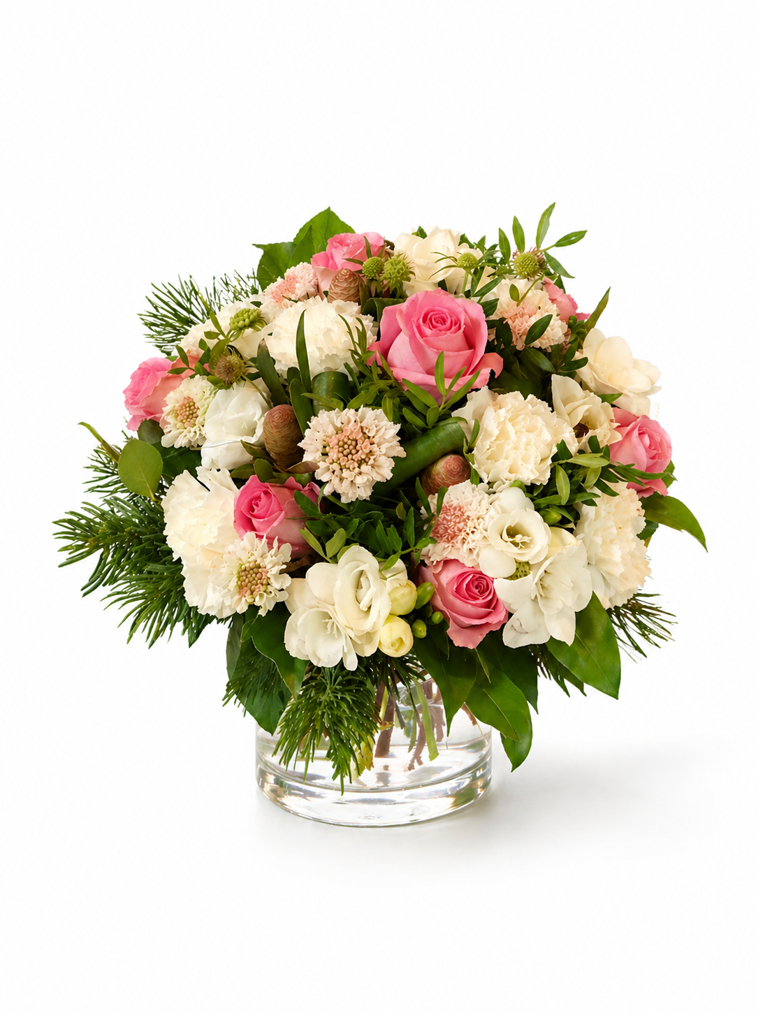 Buket med rosen og fyldige blomster