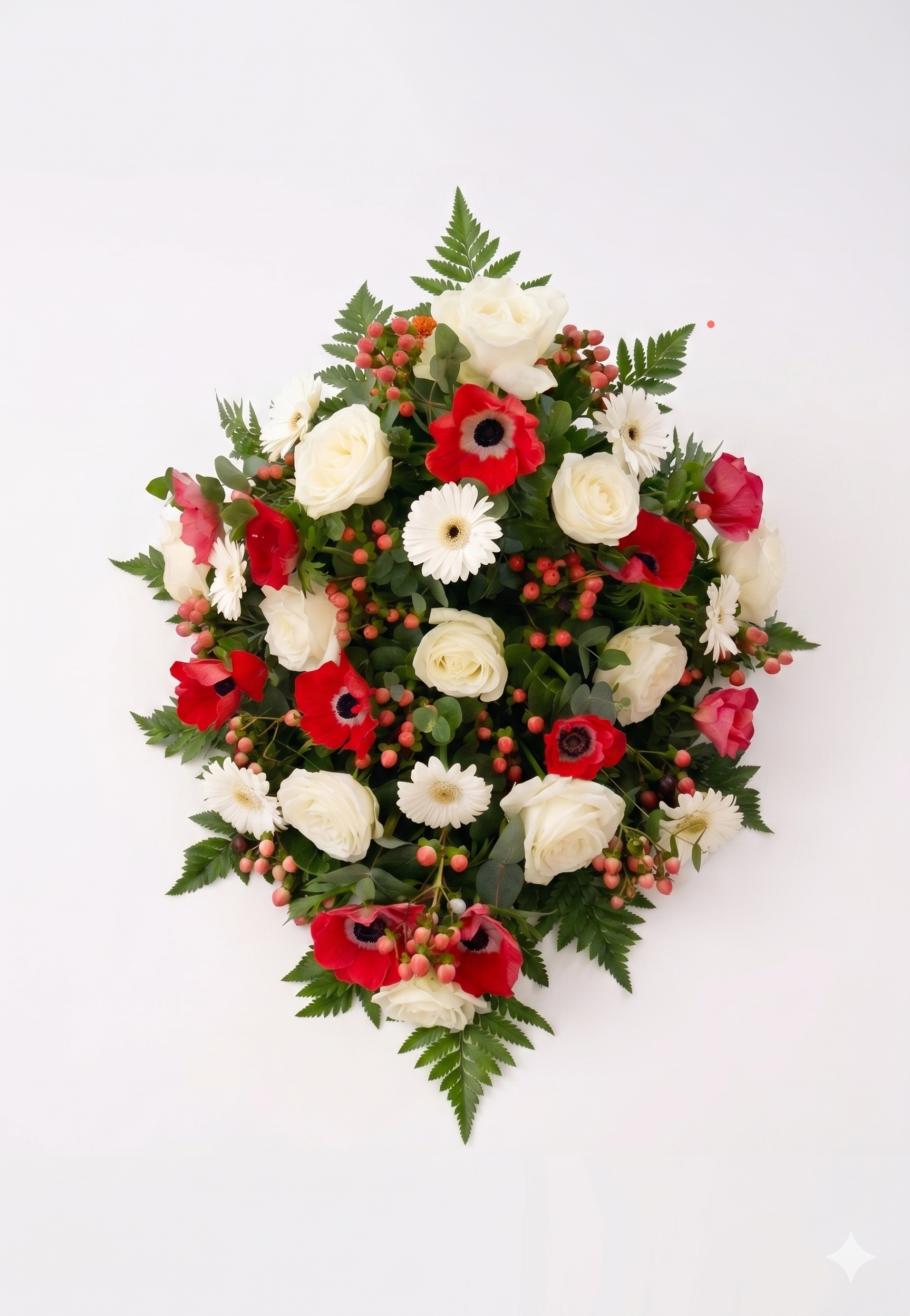 Blomsteropsats med hvide roser og røde anemoner