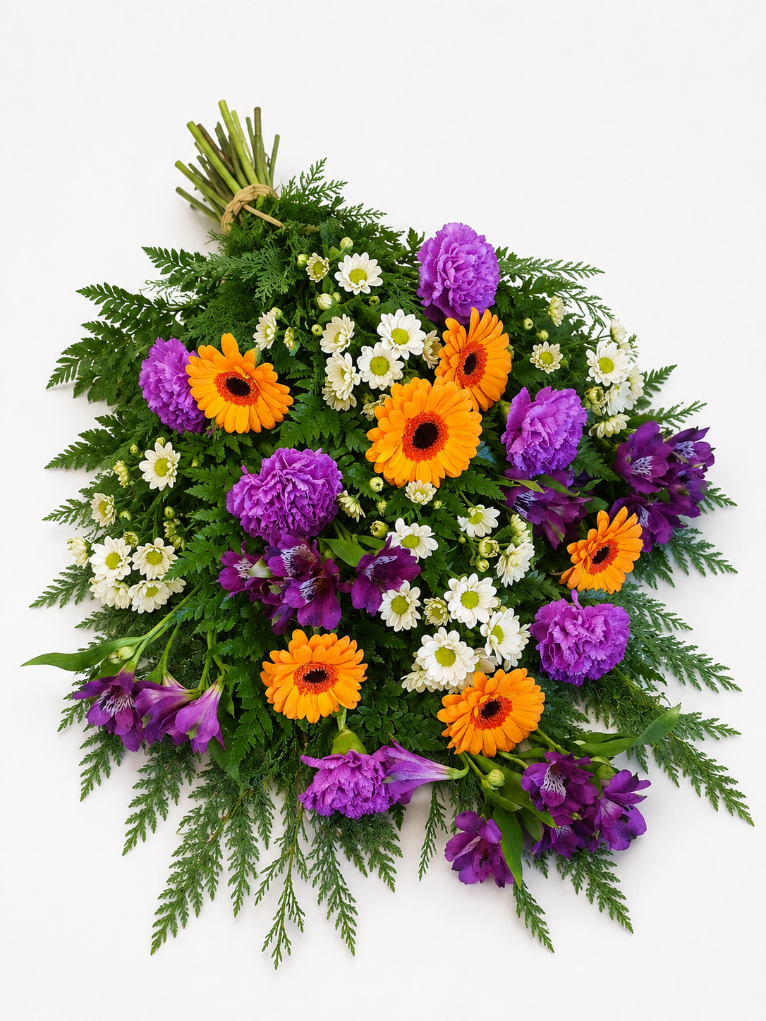 Bårebuket med orange og lilla blomster